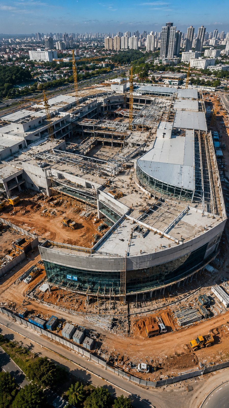 Vista aérea de empreendimento comercial de grande porte em construção