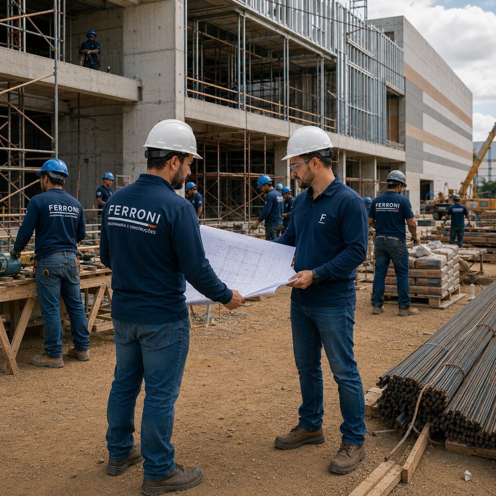 Engenheiros da Ferroni analisando projeto executivo no canteiro de obras