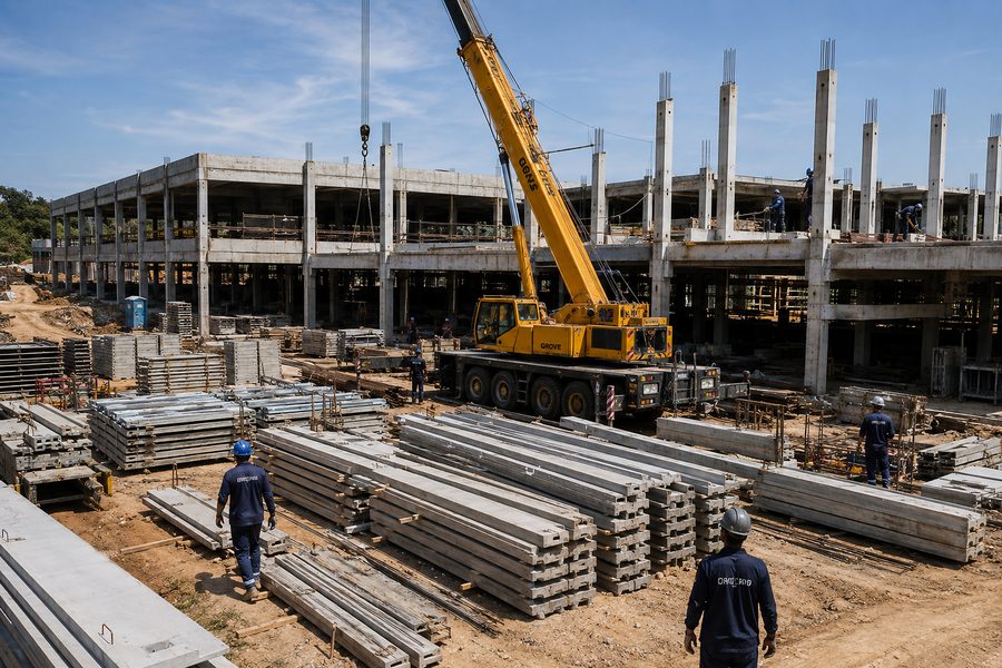 Montagem de estrutura pré-moldada de galpão industrial com guindaste